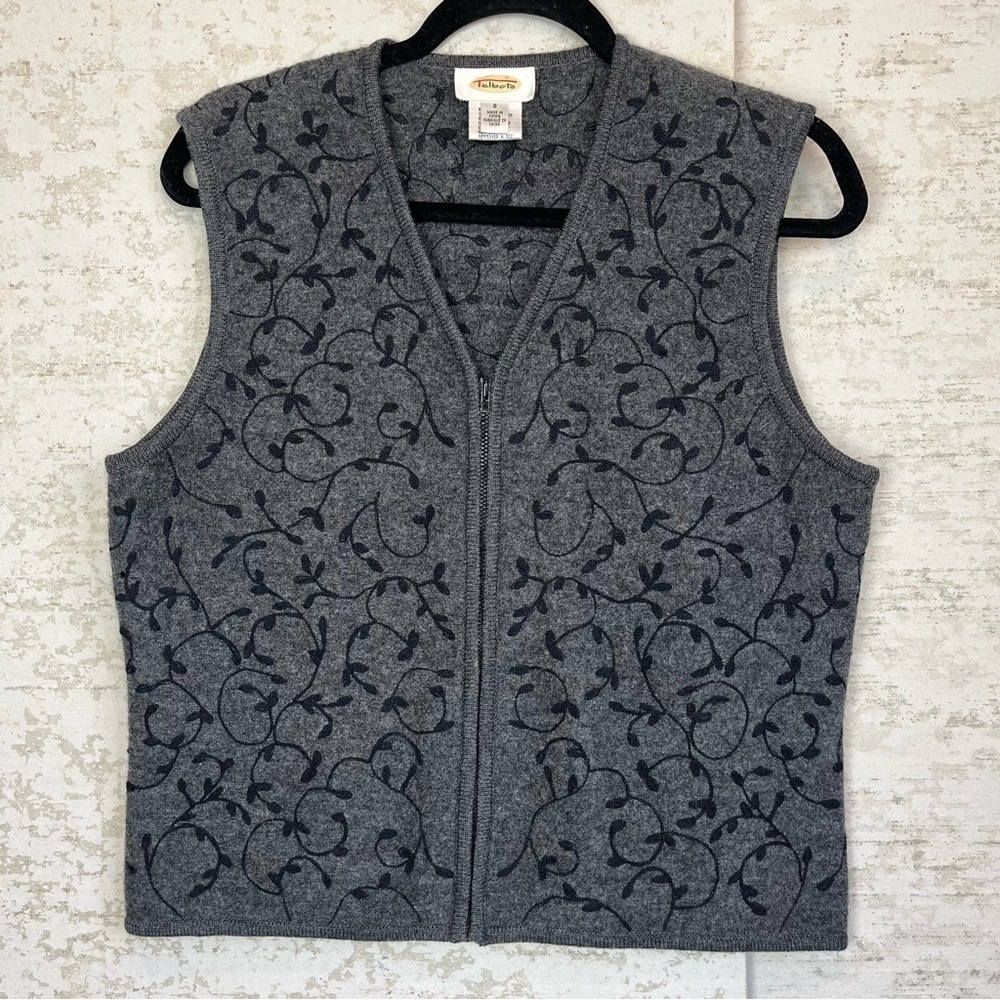 Talbots Women 100% Wool Gray Black Floral Embroidered Zip-Up Vest Small